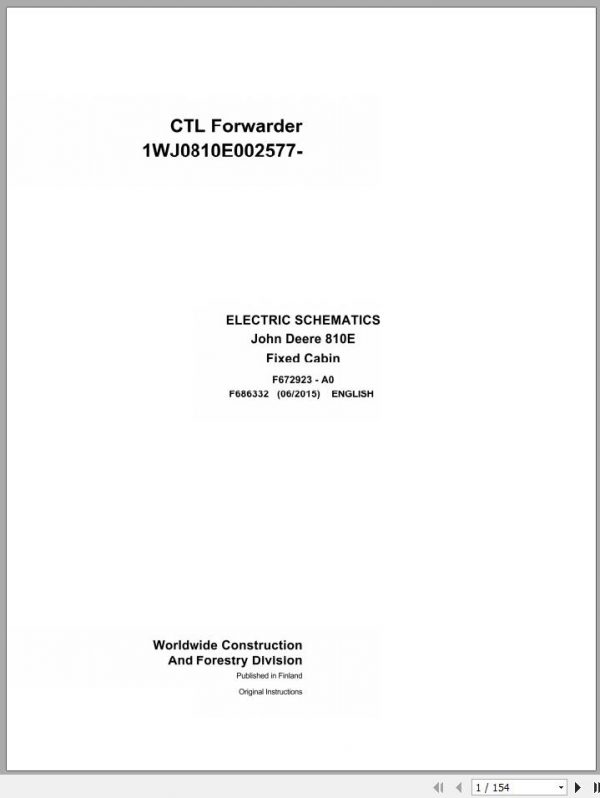 John Deere CTL Forwarder 810E Fixed Cabin F686332 A0 Electric Schematic 2015 1