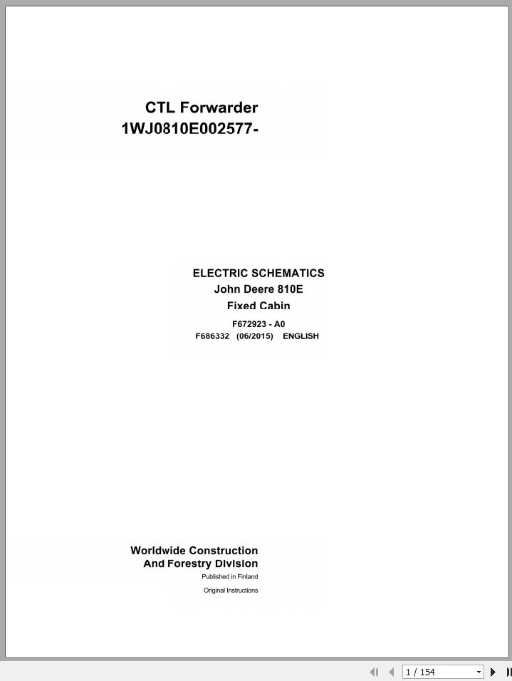 John Deere CTL Forwarder 810E Fixed Cabin F686332 A0 Electric Schematic 2015 1