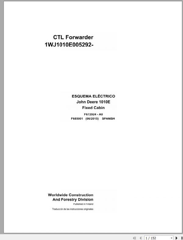 John Deere CTL Forwareder 1010E Fixed Cabin F685001 A0 Electric Schematic 2015 ES 1