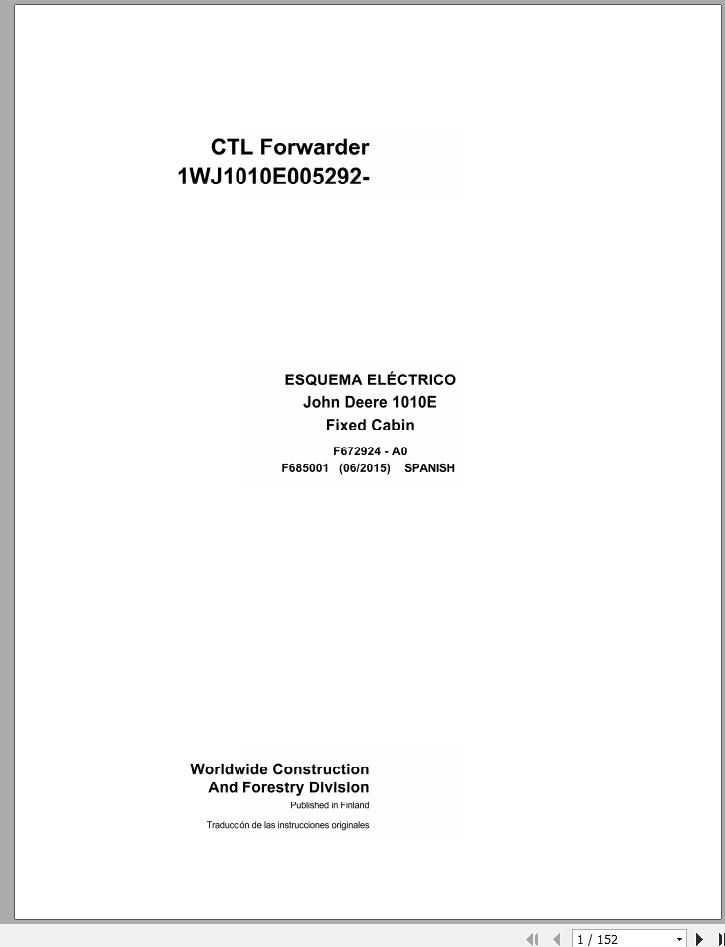John Deere CTL Forwareder 1010E Fixed Cabin F685001 A0 Electric Schematic 2015 ES 1