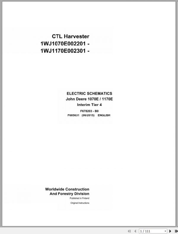 John Deere CTL Harvester 1070E 1170E Interim Tier 4 F685631 B0 Electric Schematic 2015 1