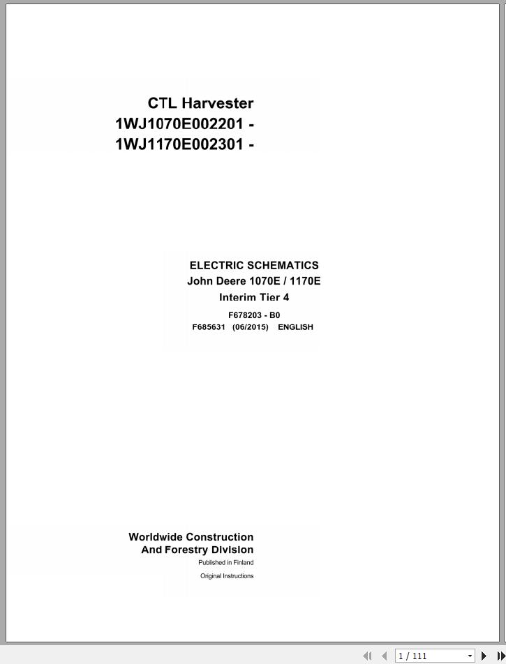 John Deere CTL Harvester 1070E 1170E Interim Tier 4 F685631 B0 Electric Schematic 2015 1