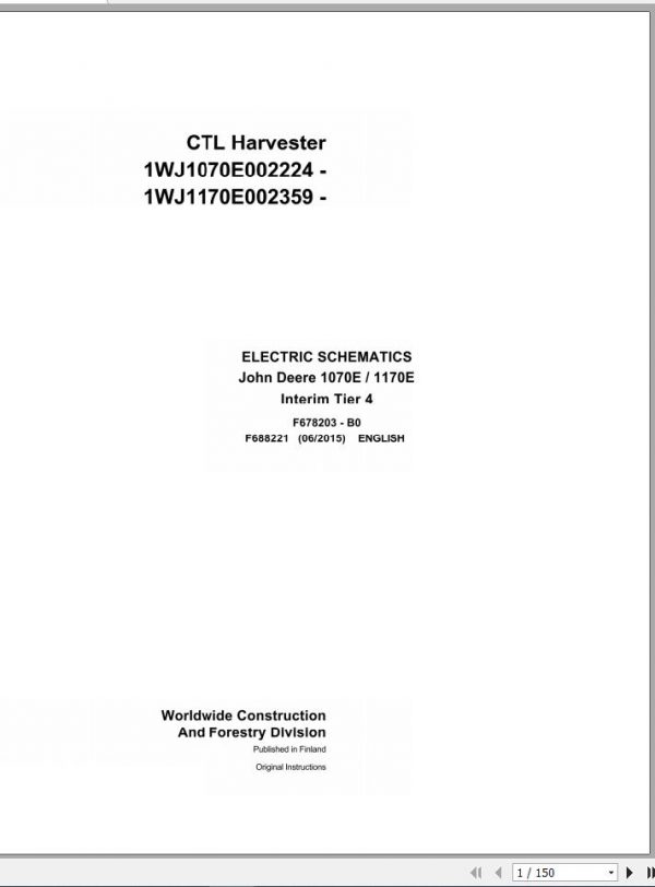 John Deere CTL Harvester 1070E 1170E Interim Tier 4 F688221 B0 Electric Schematic 2015 1