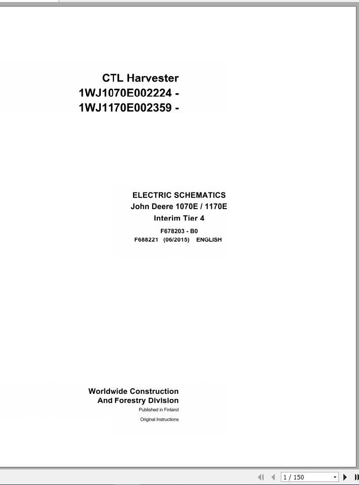 John Deere CTL Harvester 1070E 1170E Interim Tier 4 F688221 B0 Electric Schematic 2015 1