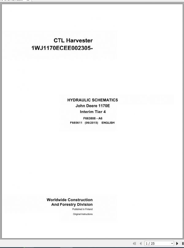 John Deere CTL Harvester 1170E Interim Tier 4 F685611 A6 Hydraulic Schematic 2015 1