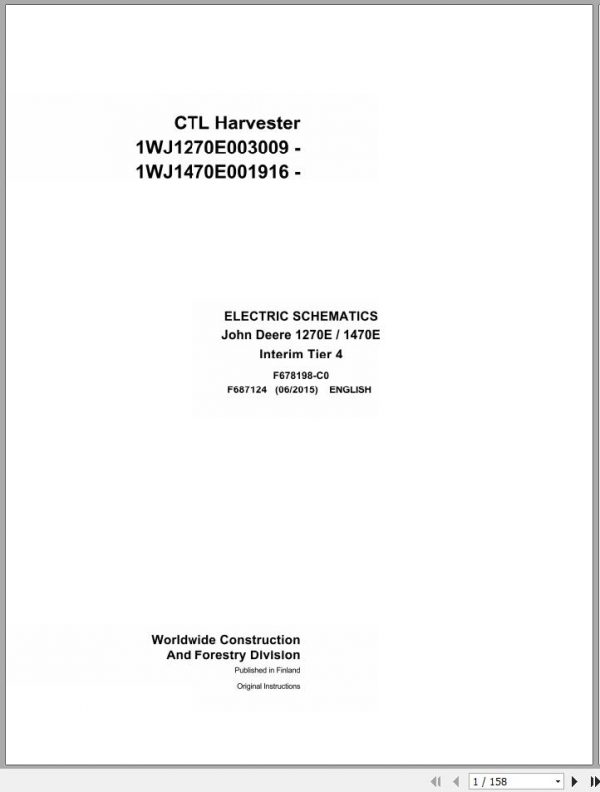 John Deere CTL Harvester 1270E 1470E Interim Tier 4 F687124 C0 Electric Schematic 2015 1