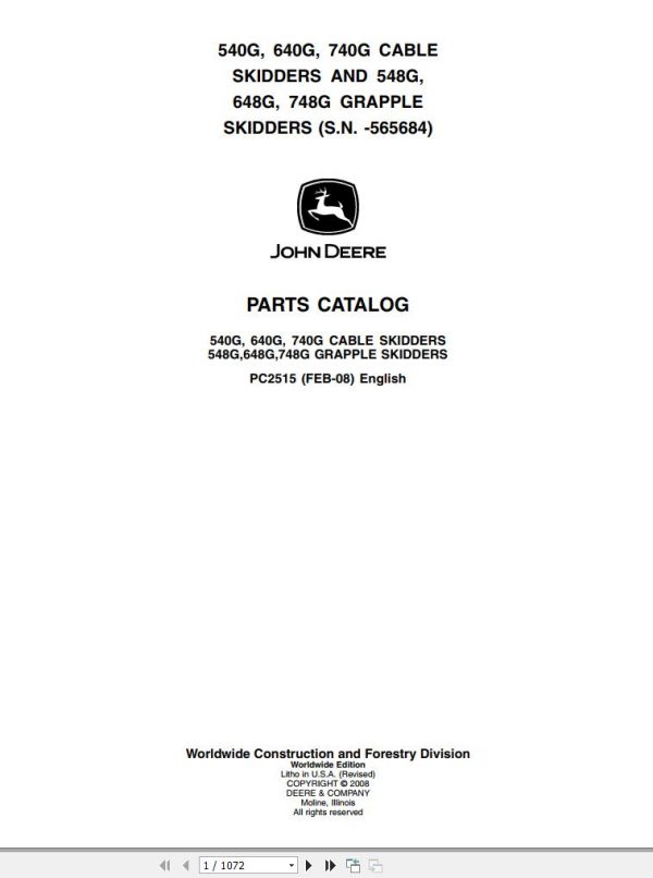 John Deere Cable and Grapple Skidders 540G 640G 740G 548G 648G 748G Parts Catalog PC2515 2008 1