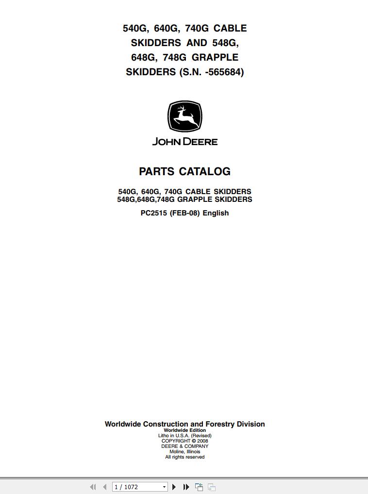 John Deere Cable and Grapple Skidders 540G 640G 740G 548G 648G 748G Parts Catalog PC2515 2008 1
