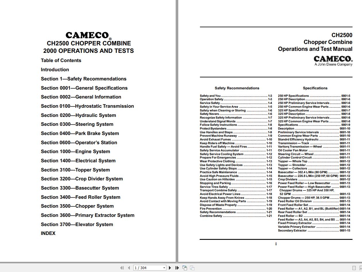 John Deere Cameco Choppper Combine CH2500 2000 1018 Operation Test Manual 1