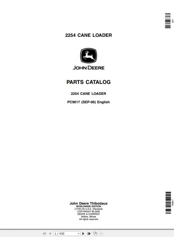 John Deere Cane Loader 2254 Parts Catalog PC9617 2006 1