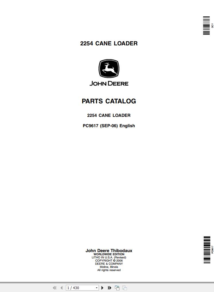 John Deere Cane Loader 2254 Parts Catalog PC9617 2006 1
