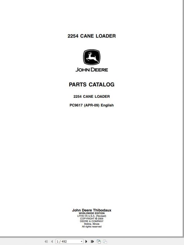 John Deere Cane Loader 2254 Parts Catalog PC9617 2009 1