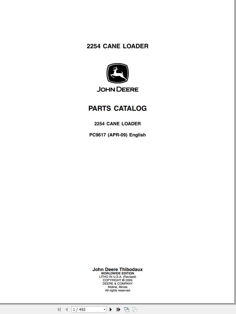 John Deere Cane Loader 2254 Parts Catalog PC9617 2009 1