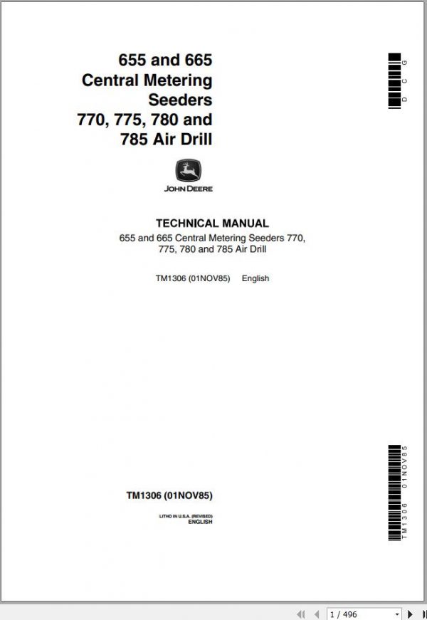 John Deere Central Metering Seeders 655 665 770 775 780 785 Air Drill Technical Manual TM1306 1