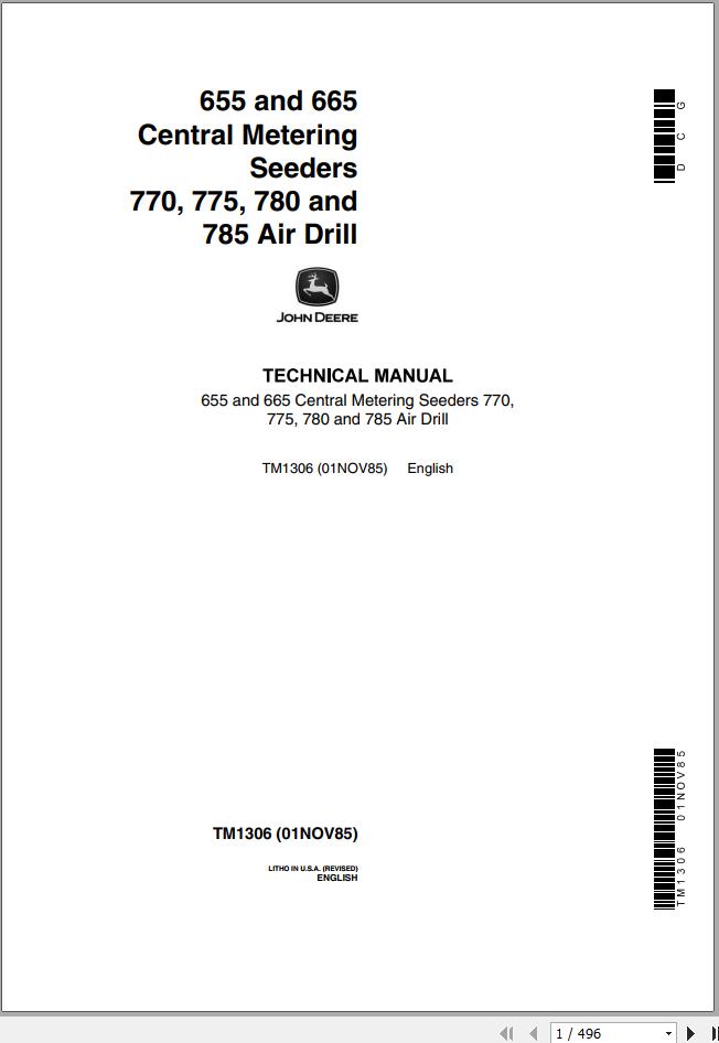 John Deere Central Metering Seeders 655 665 770 775 780 785 Air Drill Technical Manual TM1306 1