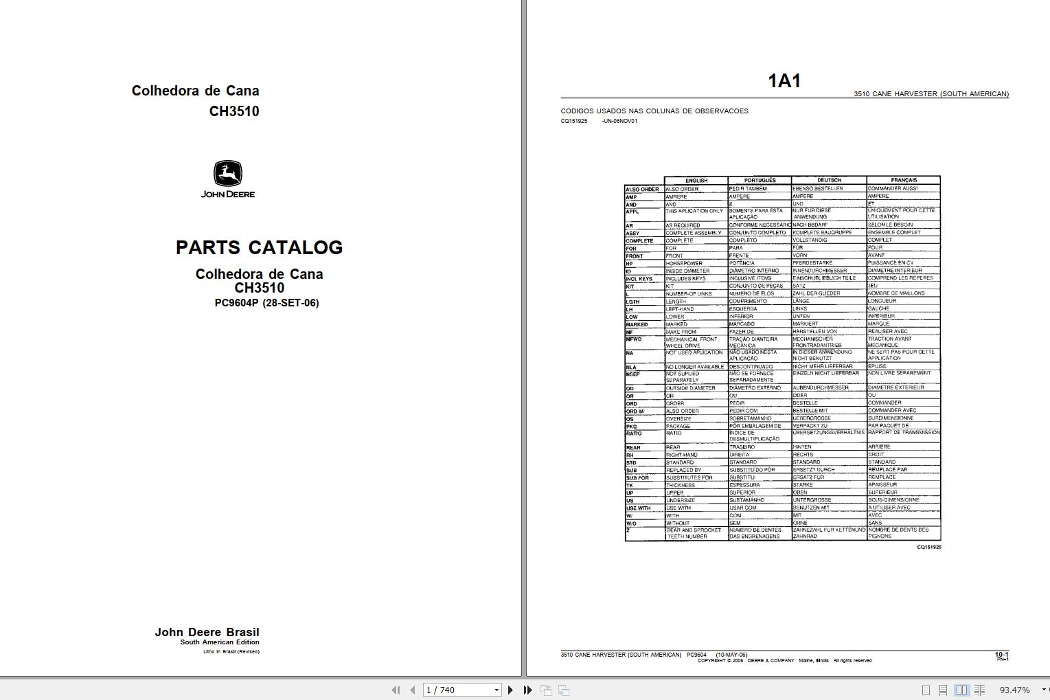 John Deere Colhedora de Cana CH3510 Parts Catalog PC9604P 2006 1