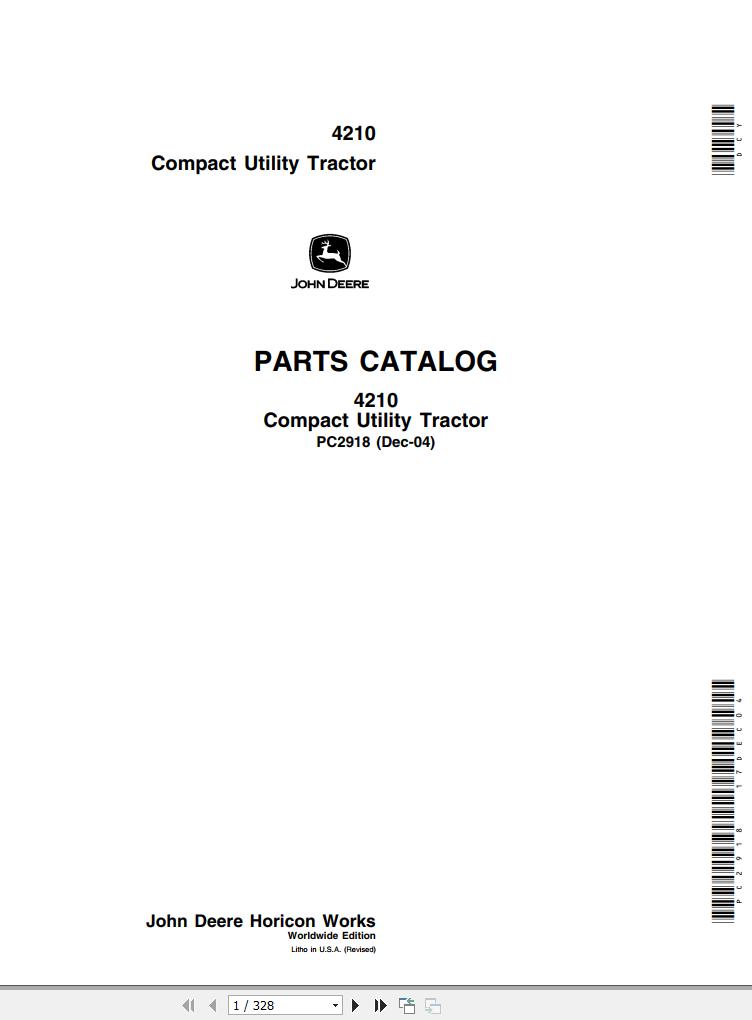 John Deere Compact Utility Tractor 4210 Parts Catalog PC2918 2004 1