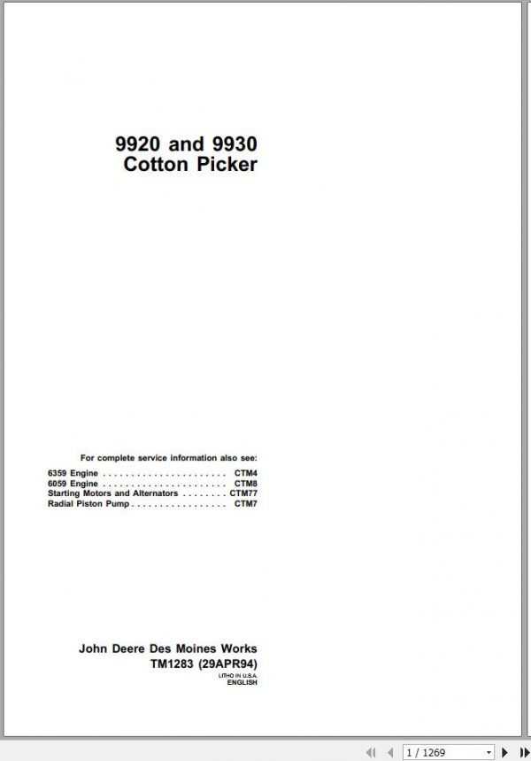 John Deere Cotton Picker 9920 9930 Technical Manual TM1283 1