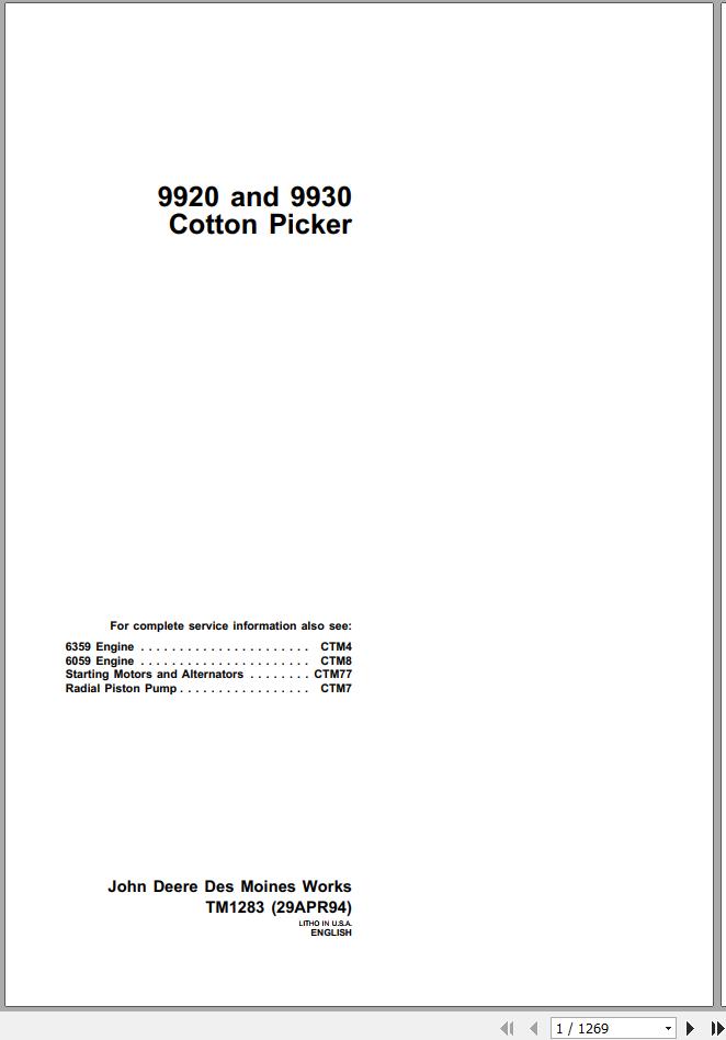 John Deere Cotton Picker 9920 9930 Technical Manual TM1283 1