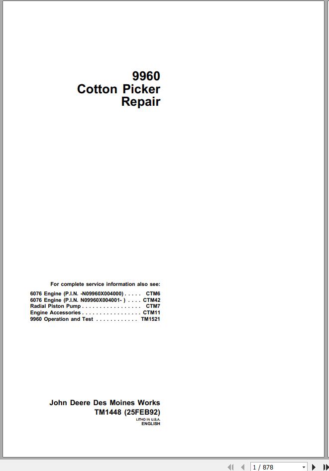 John Deere Cotton Picker 9960 Repair Manual TM1448 1