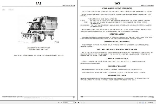 John Deere Cotton Picker 9965 Parts Catalog PC2366 2004 1