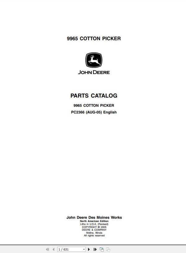 John Deere Cotton Picker 9965 Parts Catalog PC2366 2005 1