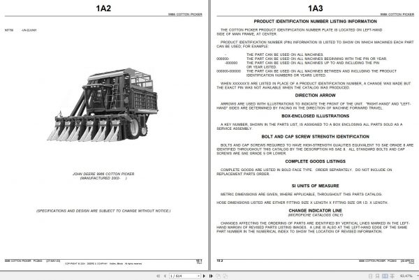 John Deere Cotton Picker 9986 Parts Catalog PC2843 2002 1