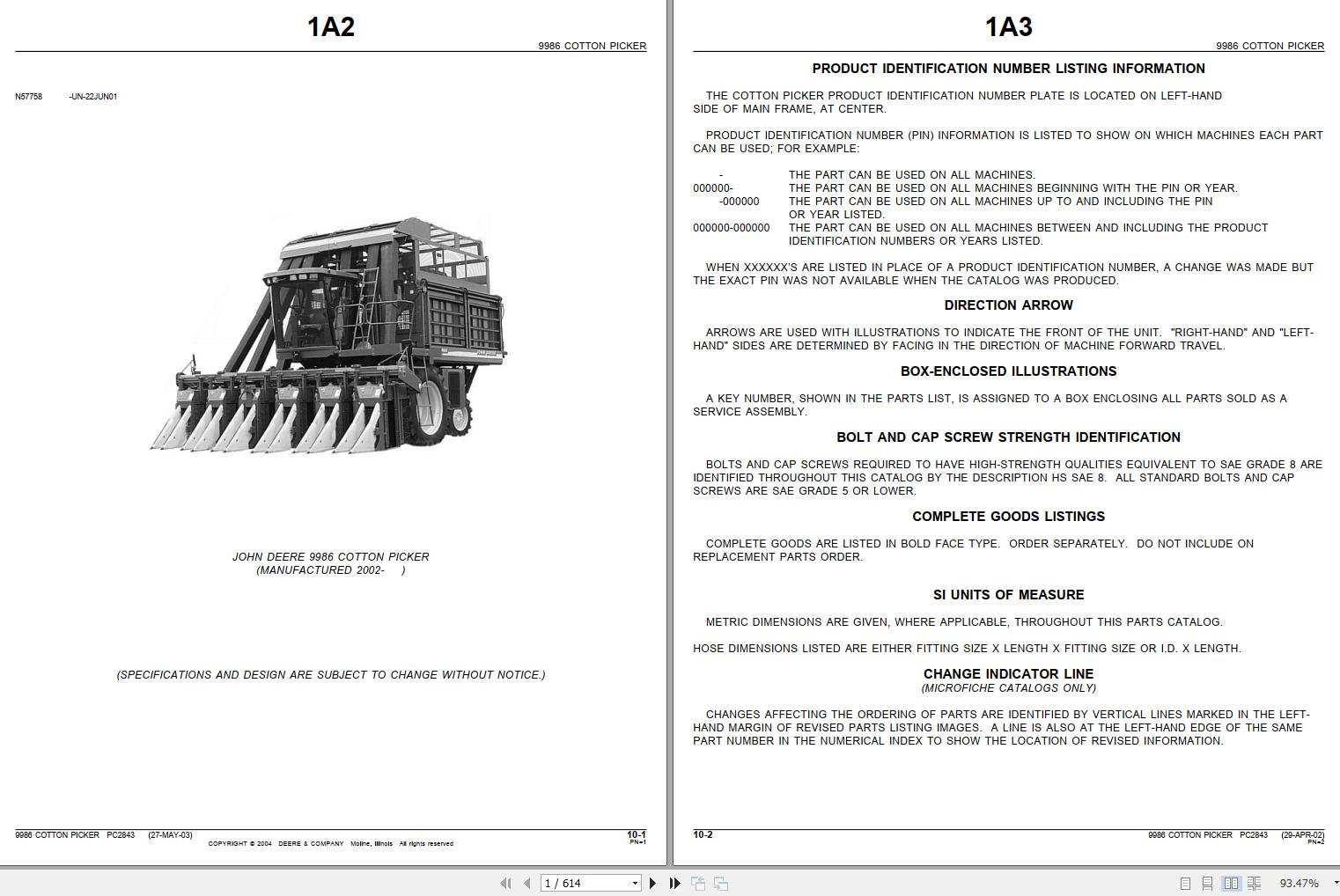 John Deere Cotton Picker 9986 Parts Catalog PC2843 2002 1