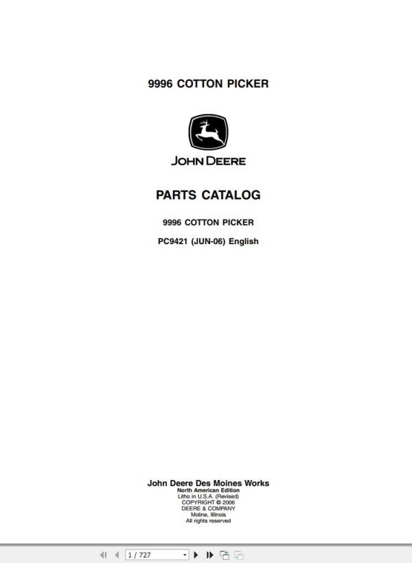 John Deere Cotton Picker 9996 Parts Catalog PC9421 06 2006 1