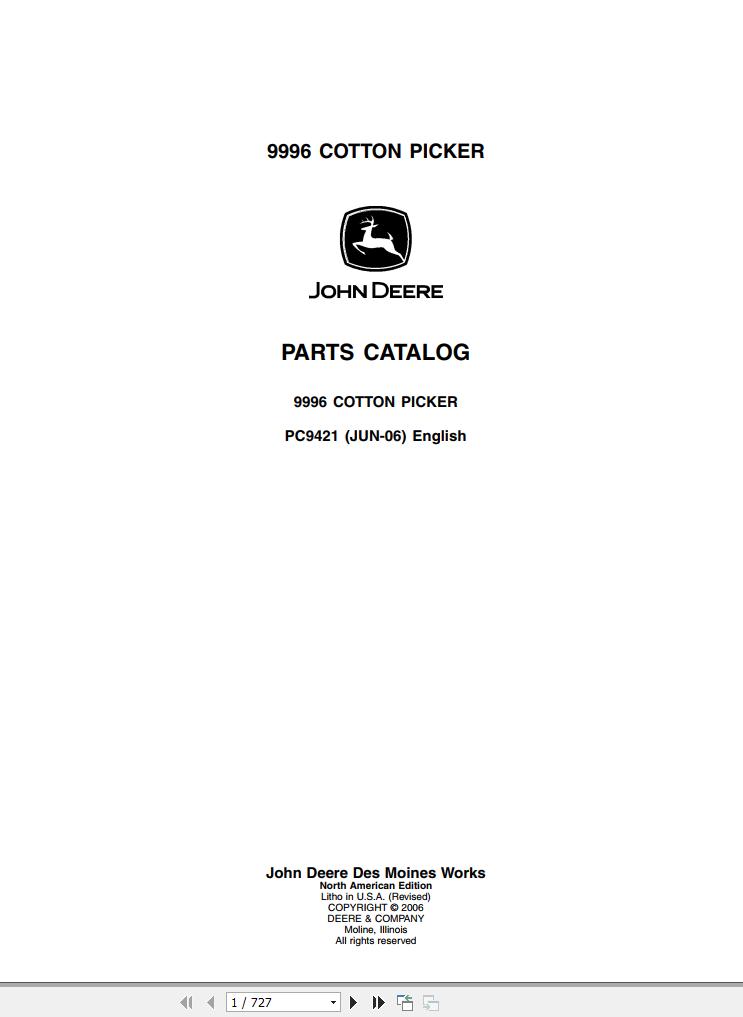 John Deere Cotton Picker 9996 Parts Catalog PC9421 06 2006 1