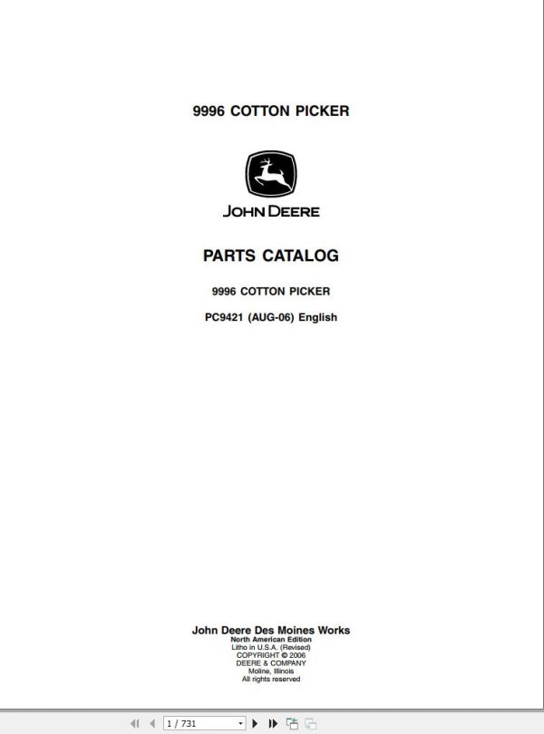 John Deere Cotton Picker 9996 Parts Catalog PC9421 08 2006 1