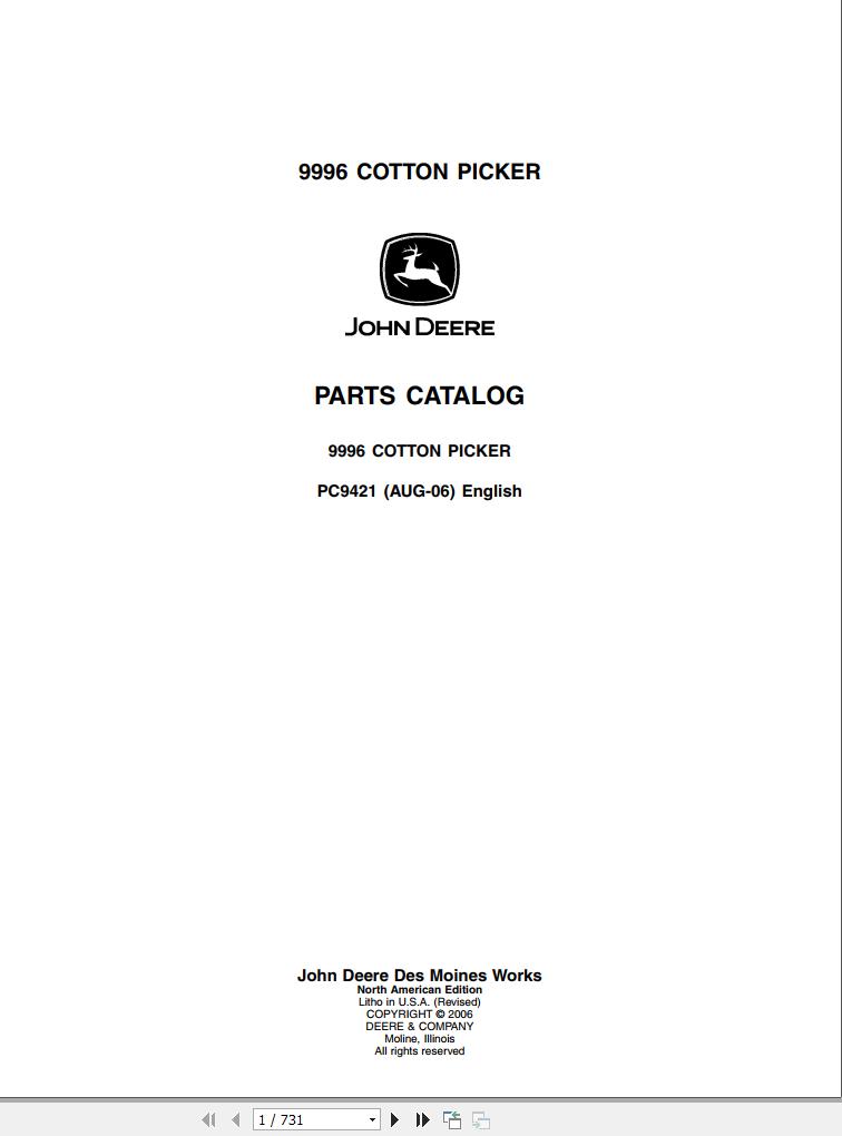 John Deere Cotton Picker 9996 Parts Catalog PC9421 08 2006 1