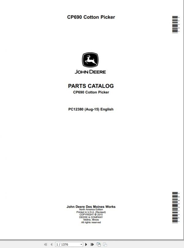 John Deere Cotton Picker CP690 Parts Catalog PC12380 2015 1
