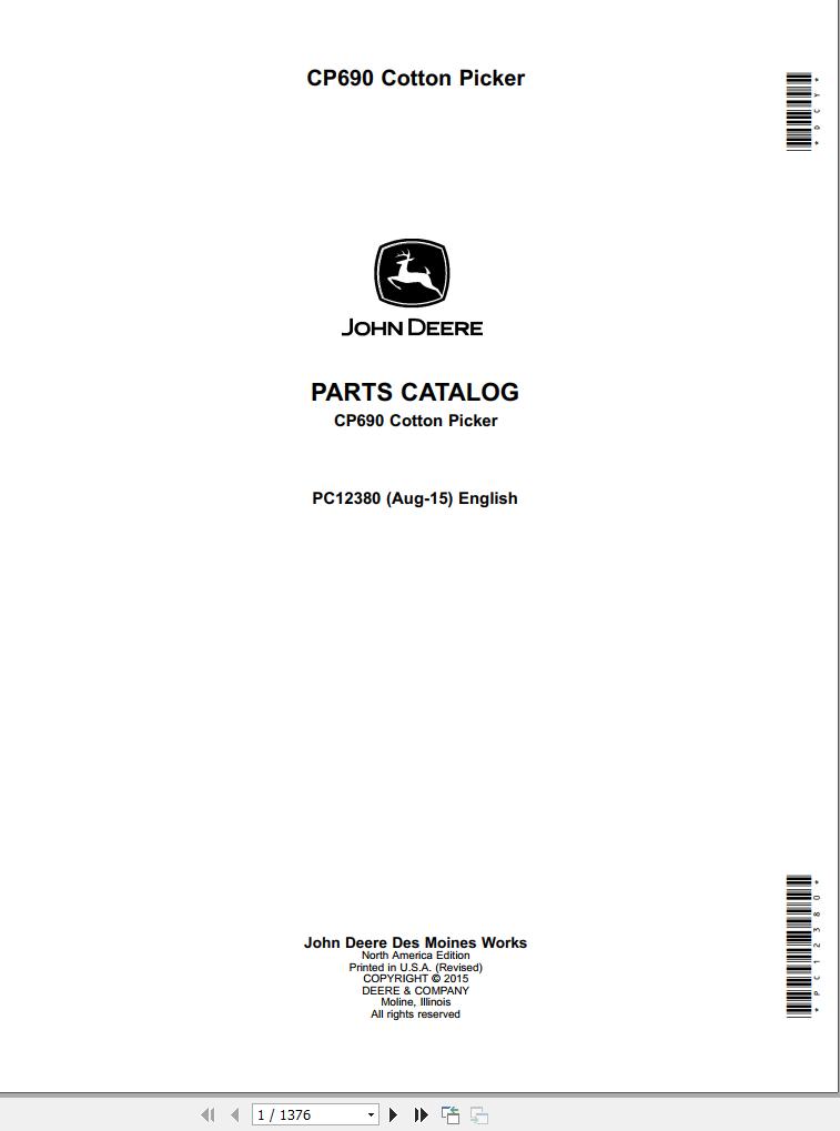 John Deere Cotton Picker CP690 Parts Catalog PC12380 2015 1