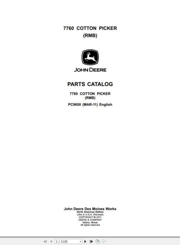 John Deere Cotton Picker RMB 7760 Parts Catalog PC9650 2011 1