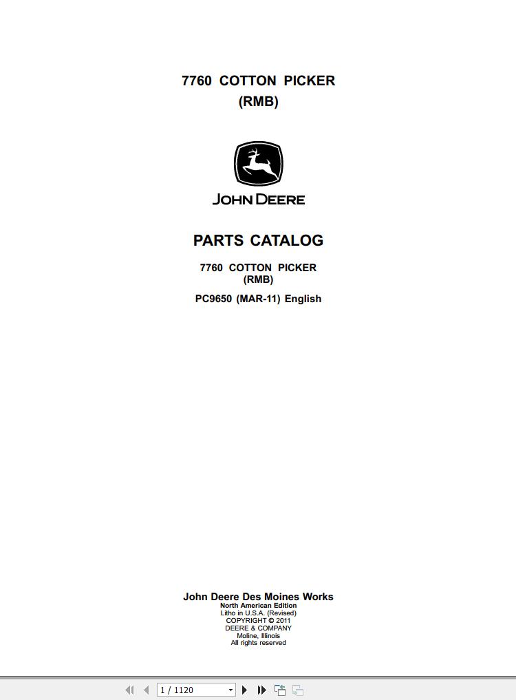 John Deere Cotton Picker RMB 7760 Parts Catalog PC9650 2011 1
