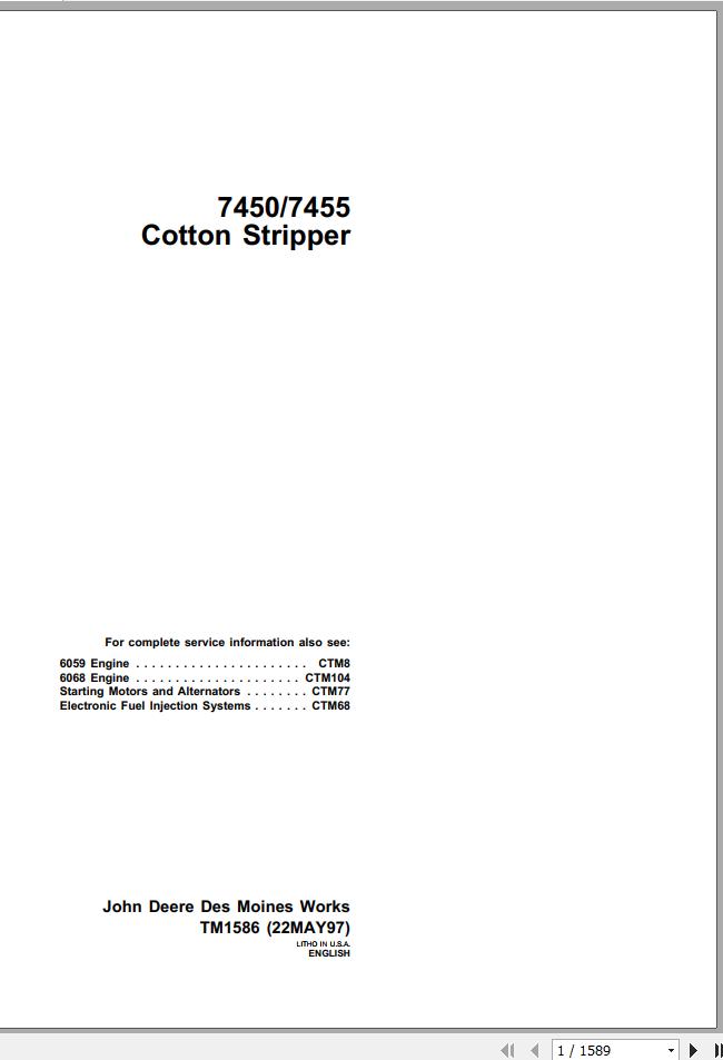 John Deere Cotton Stripper 7450 7455 1997 Technical Manual TMT1586 1