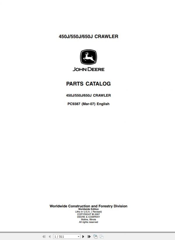 John Deere Crawler 450J 550J 650J Parts Catalog PC9387 2007 1