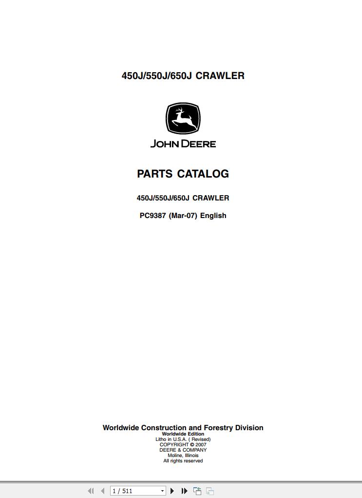 John Deere Crawler 450J 550J 650J Parts Catalog PC9387 2007 1