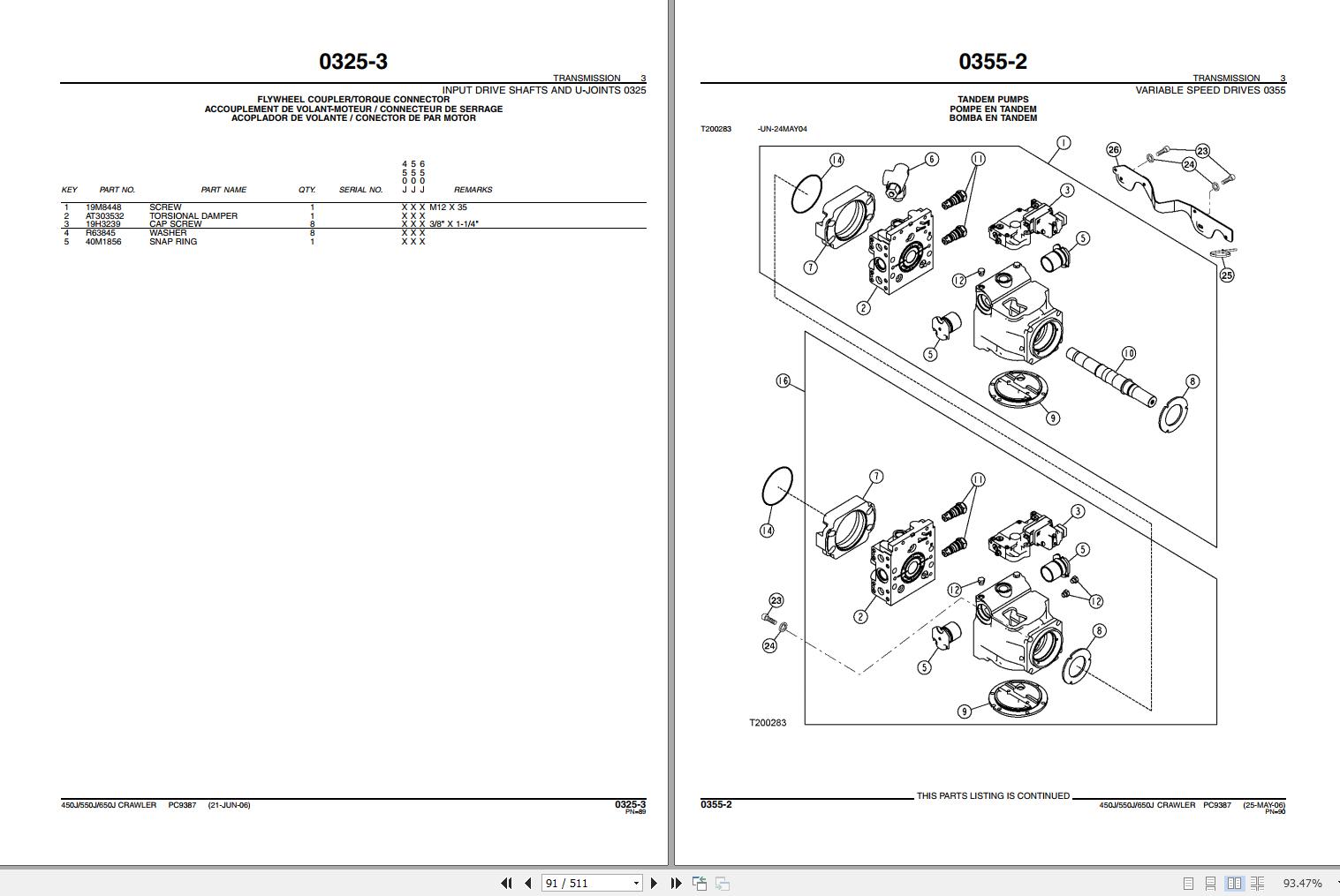 John Deere Crawler 450J 550J 650J Parts Catalog PC9387 2007