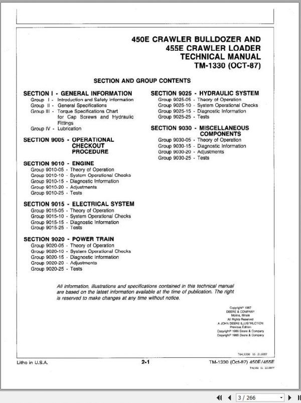 John Deere Crawler Bulldozer 450E 455E Operatiom Test Technical Manual TM1330 2