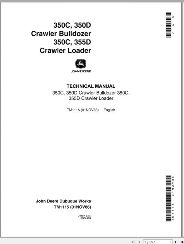 John Deere Crawler Bulldozer Loader 350C 350D 355D Technical Manual TM1115 1
