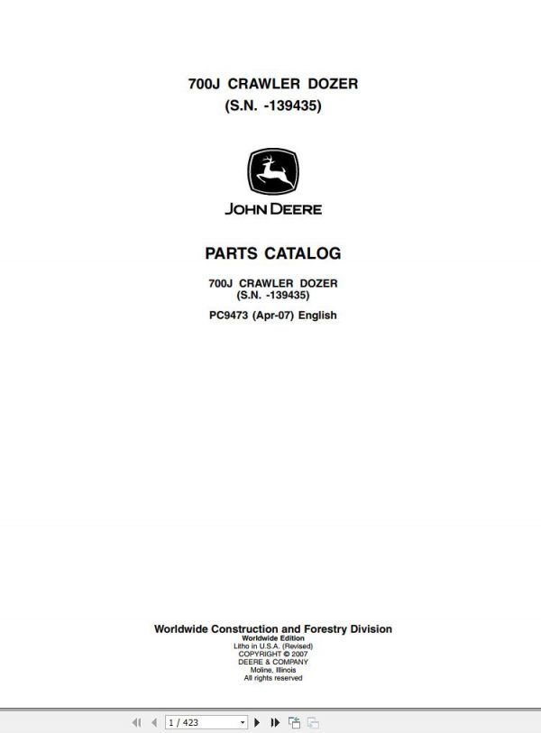 John Deere Crawler Dozer 700J Parts Catalog PC9473 2007 1