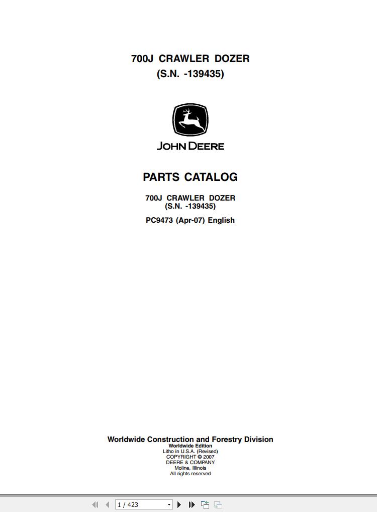 John Deere Crawler Dozer 700J Parts Catalog PC9473 2007 1