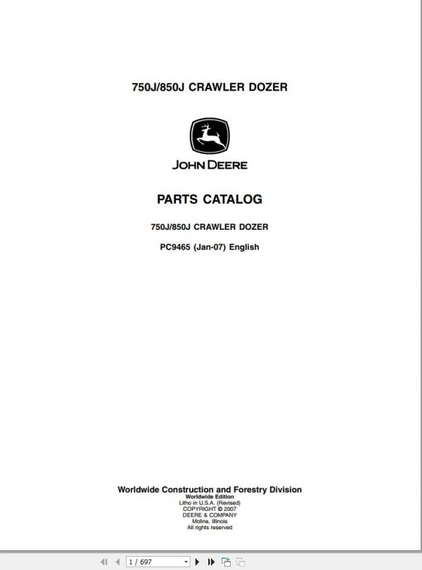 John Deere Crawler Dozer 750J 850J Parts Catalog PC9465 2007 1