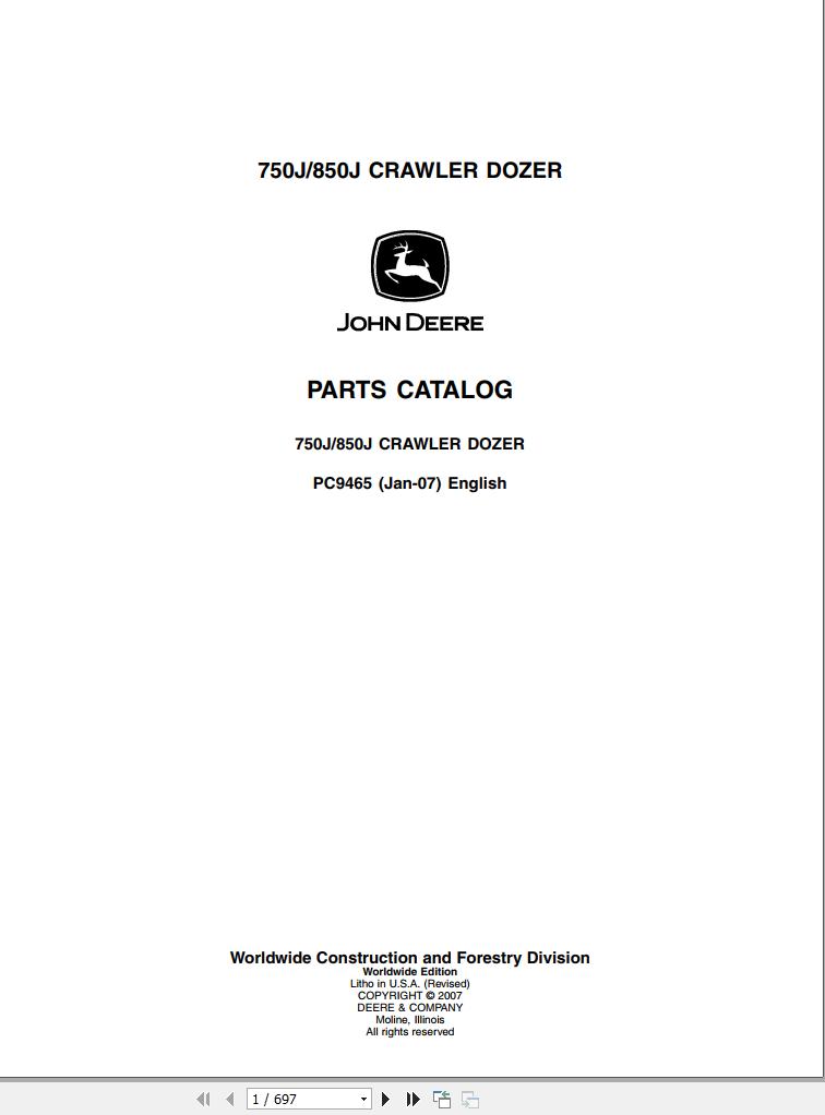 John Deere Crawler Dozer 750J 850J Parts Catalog PC9465 2007 1