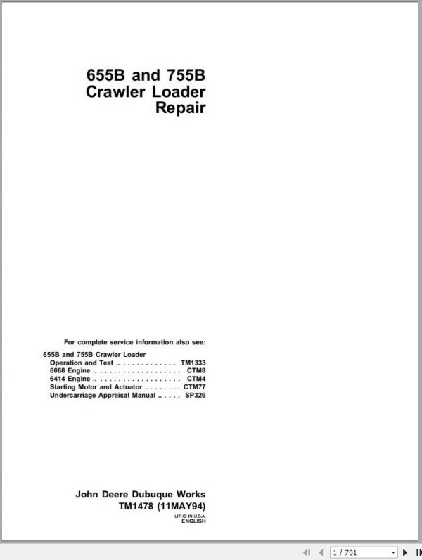 John Deere Crawler Loader 655B 755B Repair Technical Manual TM1478 1