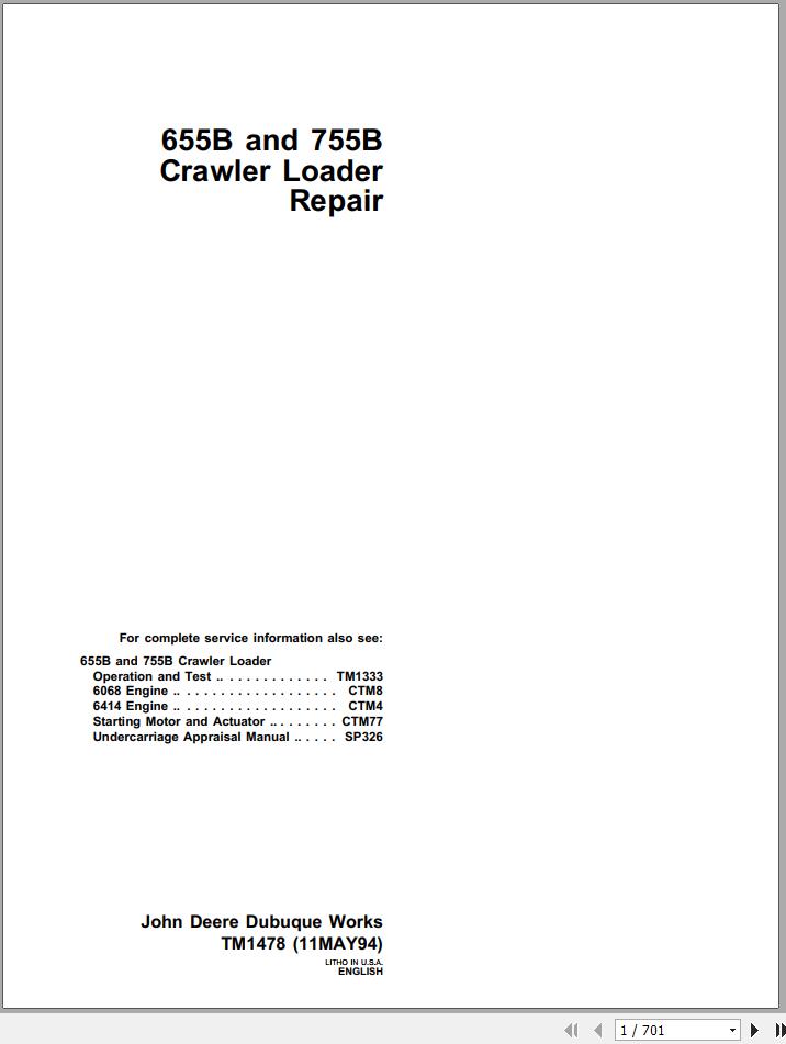 John Deere Crawler Loader 655B 755B Repair Technical Manual TM1478 1