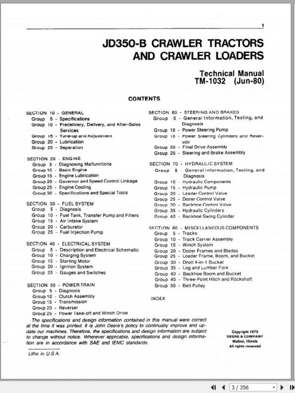 John Deere Crawler Tractors Loaders 350B Technical Manual TM1032 2
