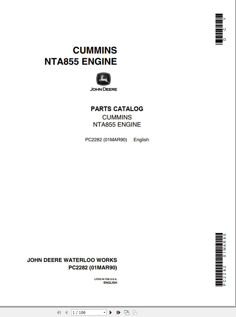 John Deere Cummins NTA855 Engine Parts Catalog PC2282 1